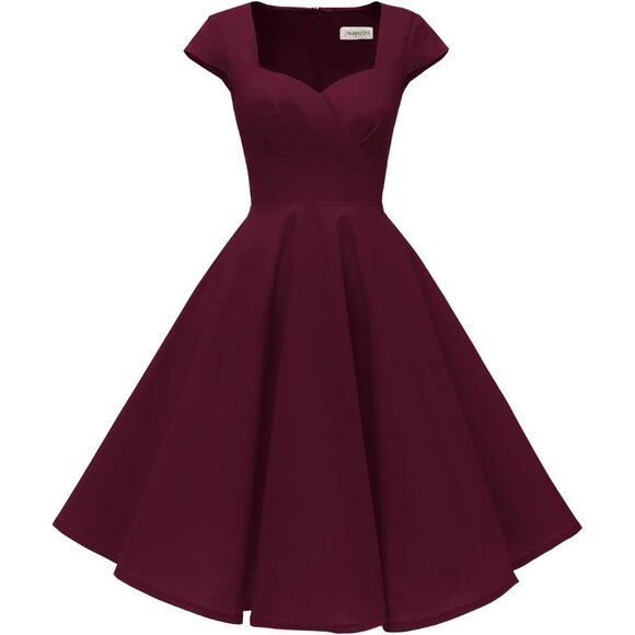 Women Burgundy Cap Sleeve 1950s Retro Vintage Cocktail Swing Dresses with Pocket